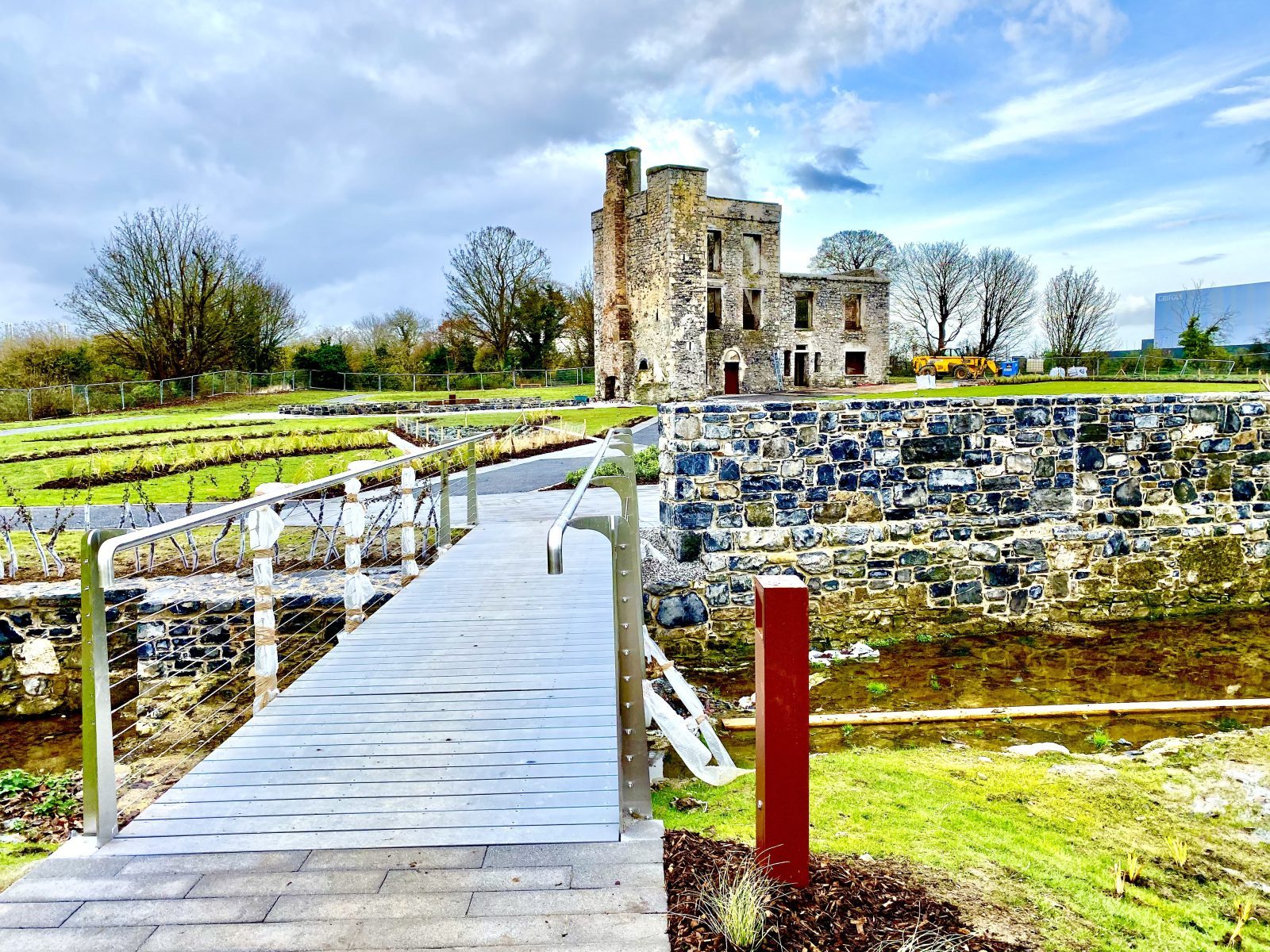 Grange Castle Dublin — finished boardwalk, rebuilt wall and restored castle