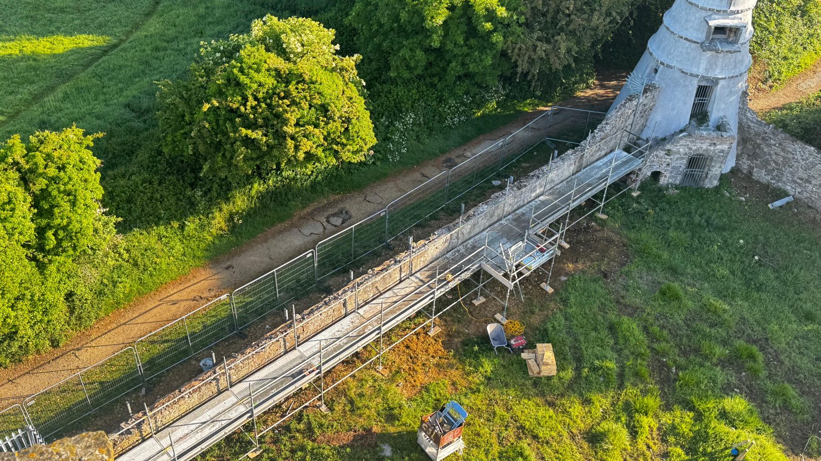 The Wonderful Barn Leixlip — aerial of wall works and scaffolding